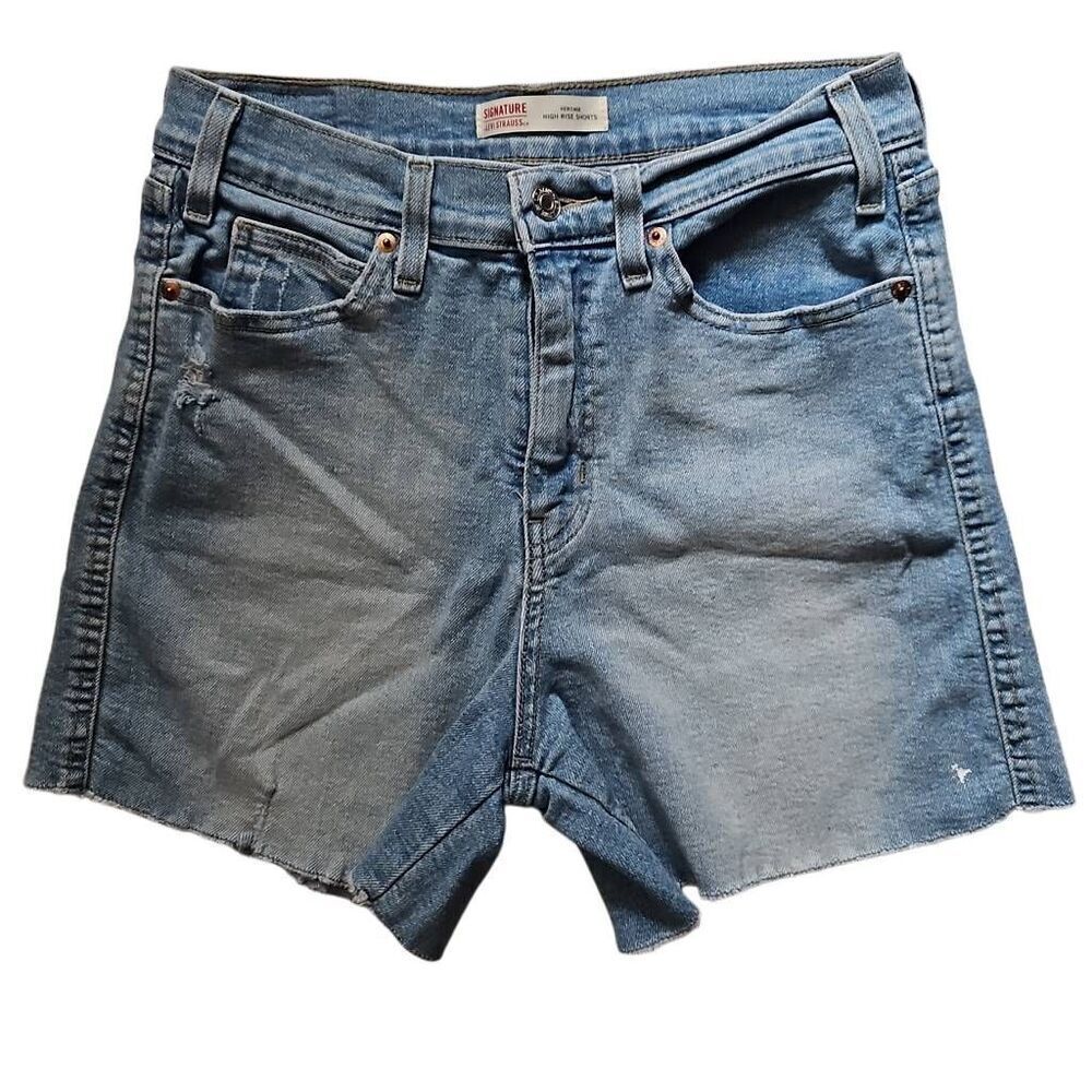 Levi Strauss Signature Heritage High Rise Shorts Faded Distressed Denim Blue 8